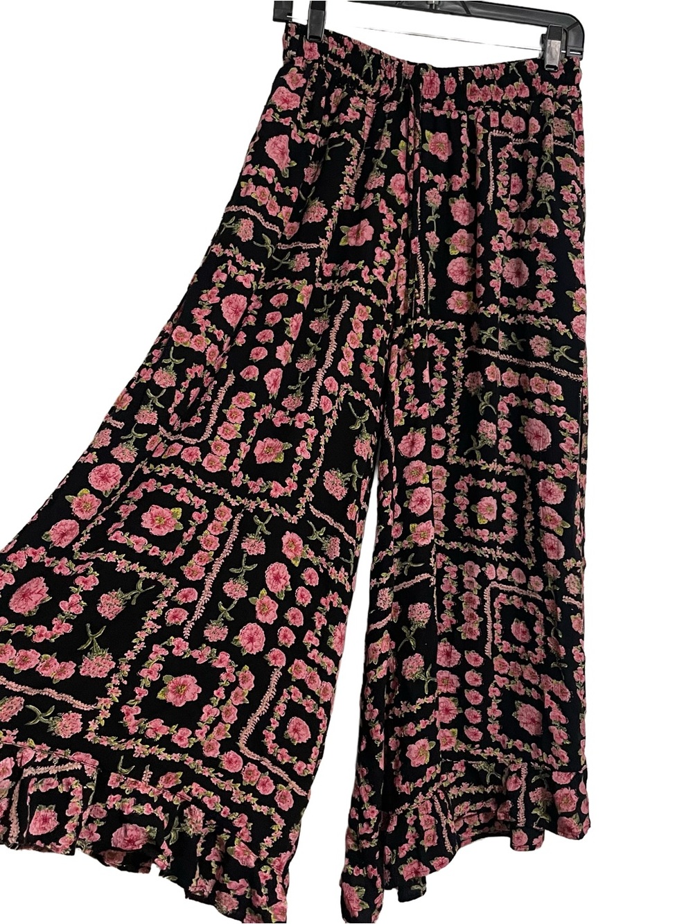 Angie Black Wide-Leg Palazzo Pants with Pink Floral Print
